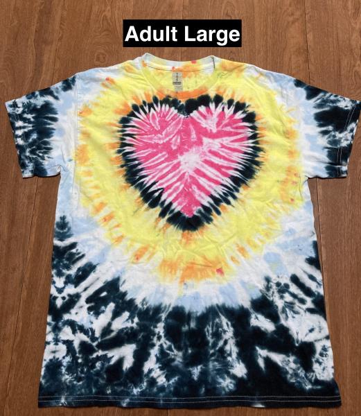 Pink Heart Yellow to Black Background Tie Dye T Shirt Adult Large