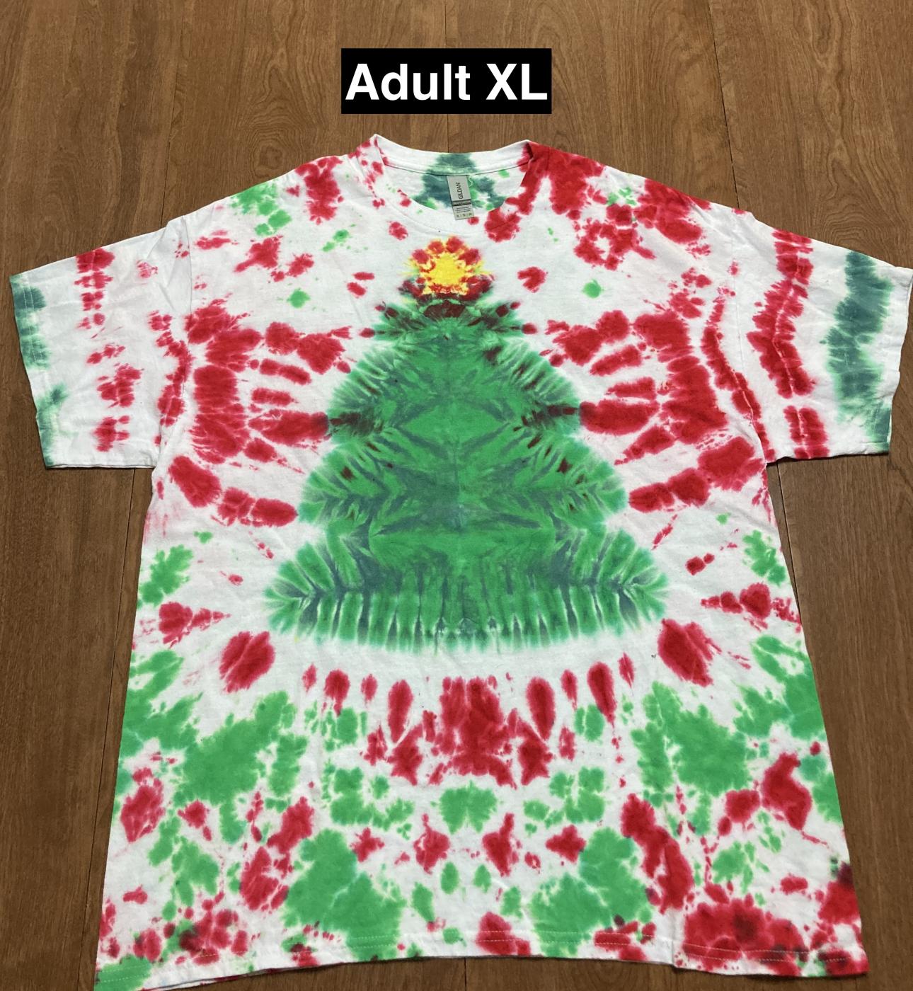 Christmas Tree with Red Green Crinkle Tie Dye T Shirt Adult XL
