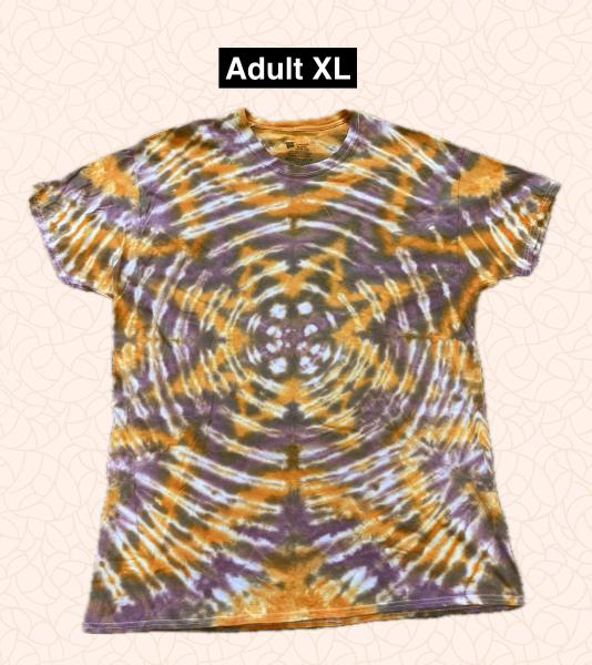 Orange, Brown, & Purple Radiating Flower Tie Dyed T Shirt Adult XL