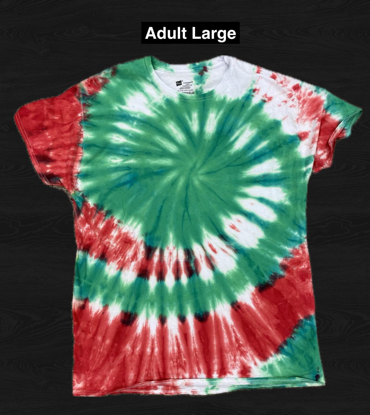 Green, White, & Red Christmas Spiral Tie Dye T Shirt Adult Large