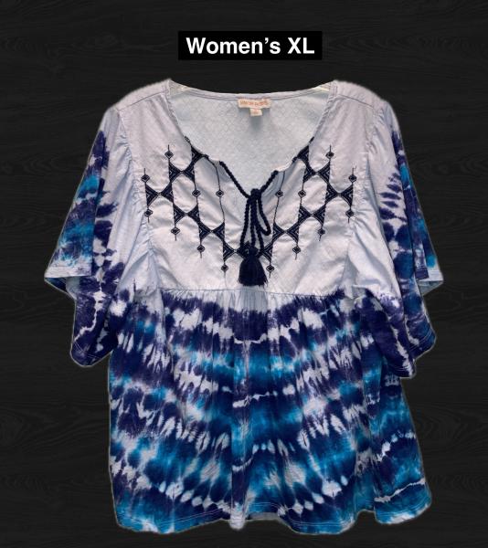 Boho Blues Tie Dyed Embroidered Shirt Women's XL