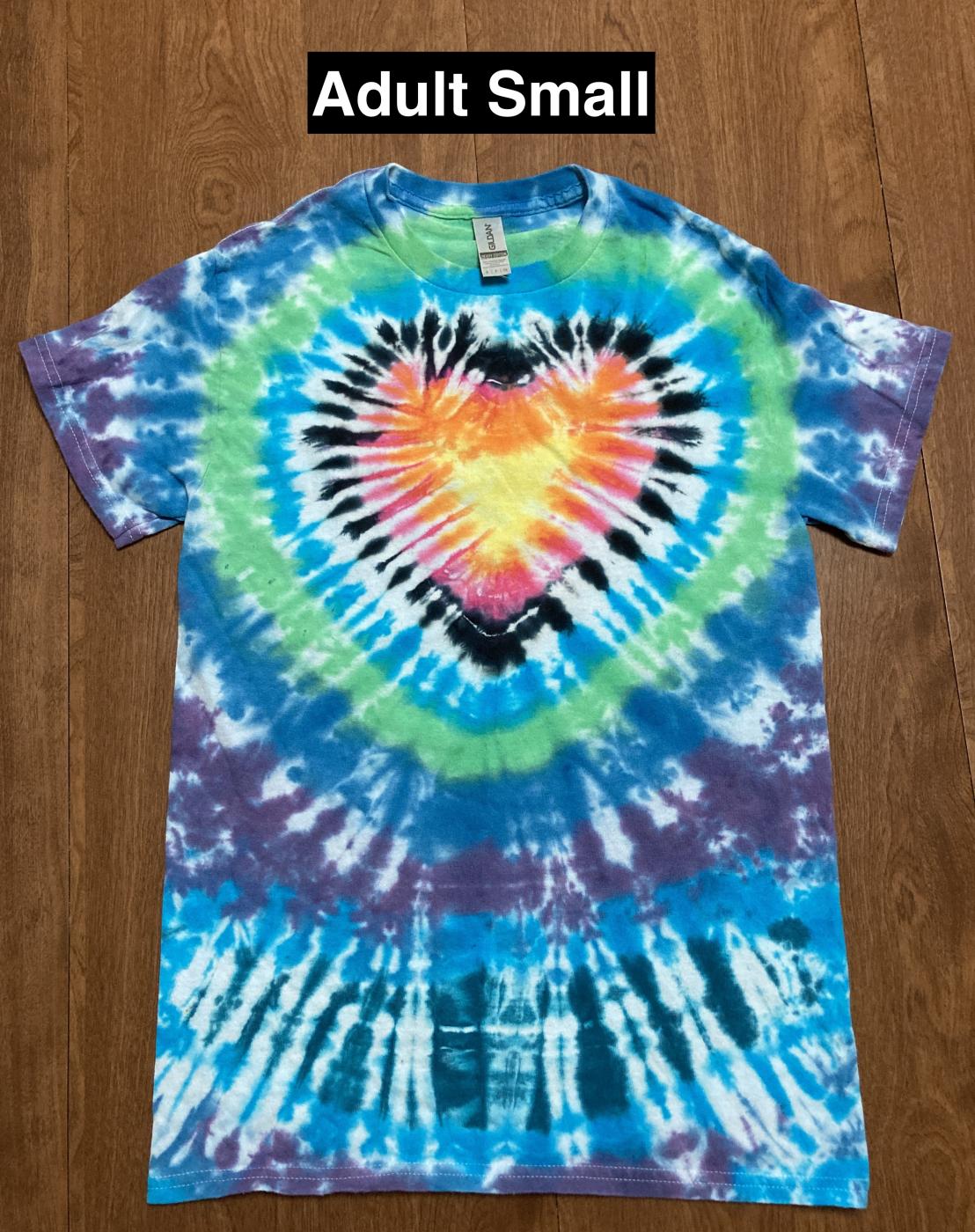 Warm Heart with Green Blue Purple Rings Tie Dye T Shirt Adult Small