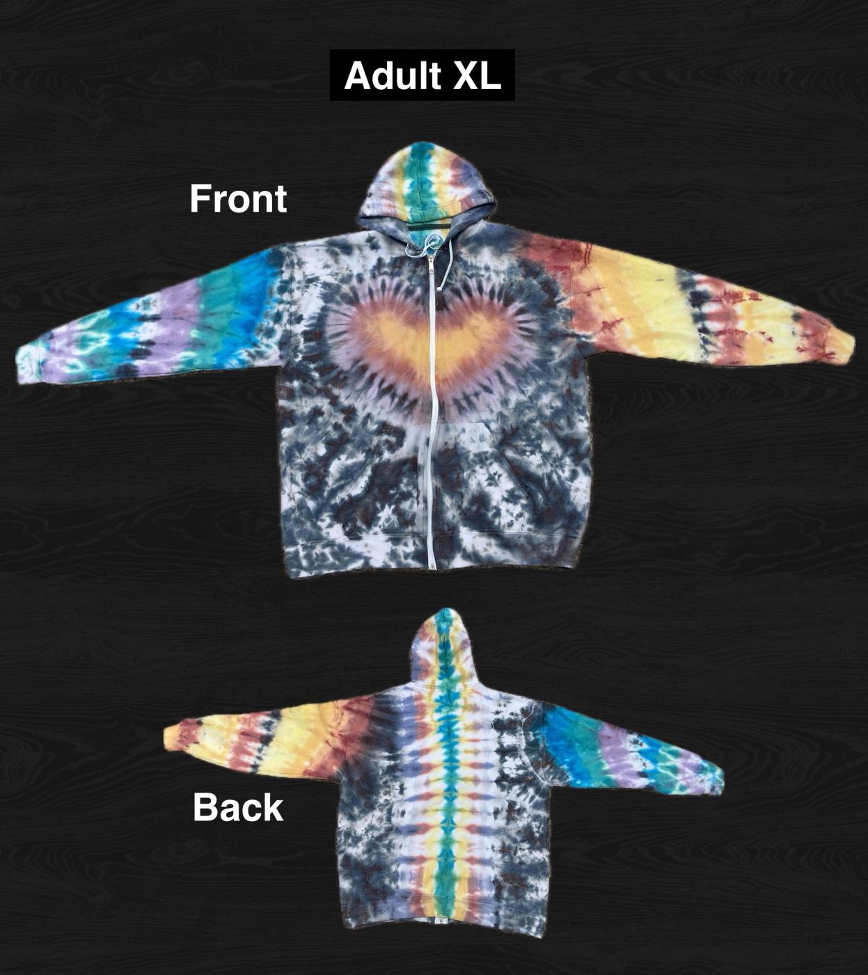 Heart and Rainbows Tie Dyed Hoodie Sweatshirt Jacket Adult XL