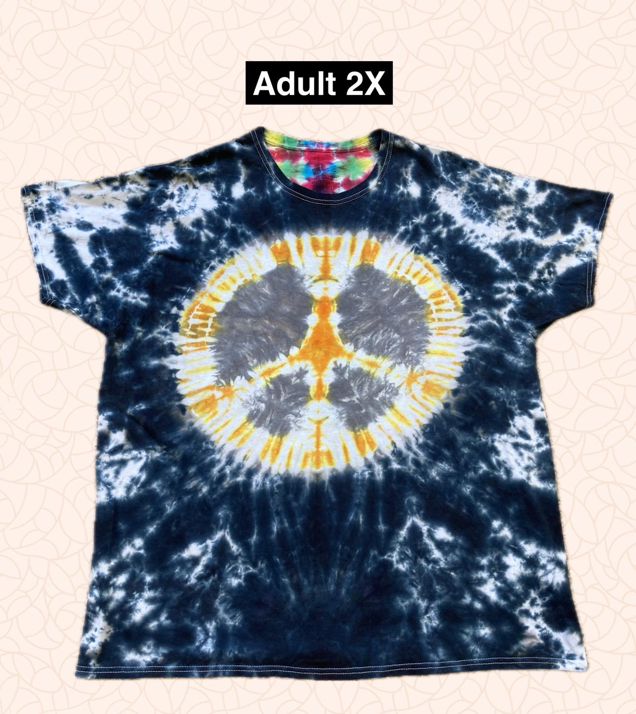 Golden Peace Sign with Grey on Black Tie Dyed T Shirt Adult 2X