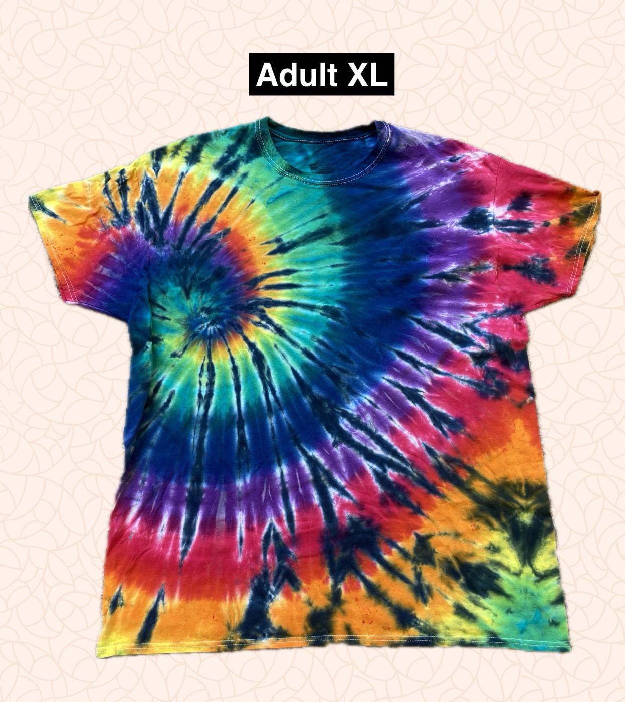 Rainbow & Black Off-Center Spiral Tie Dyed T Shirt Adult XL