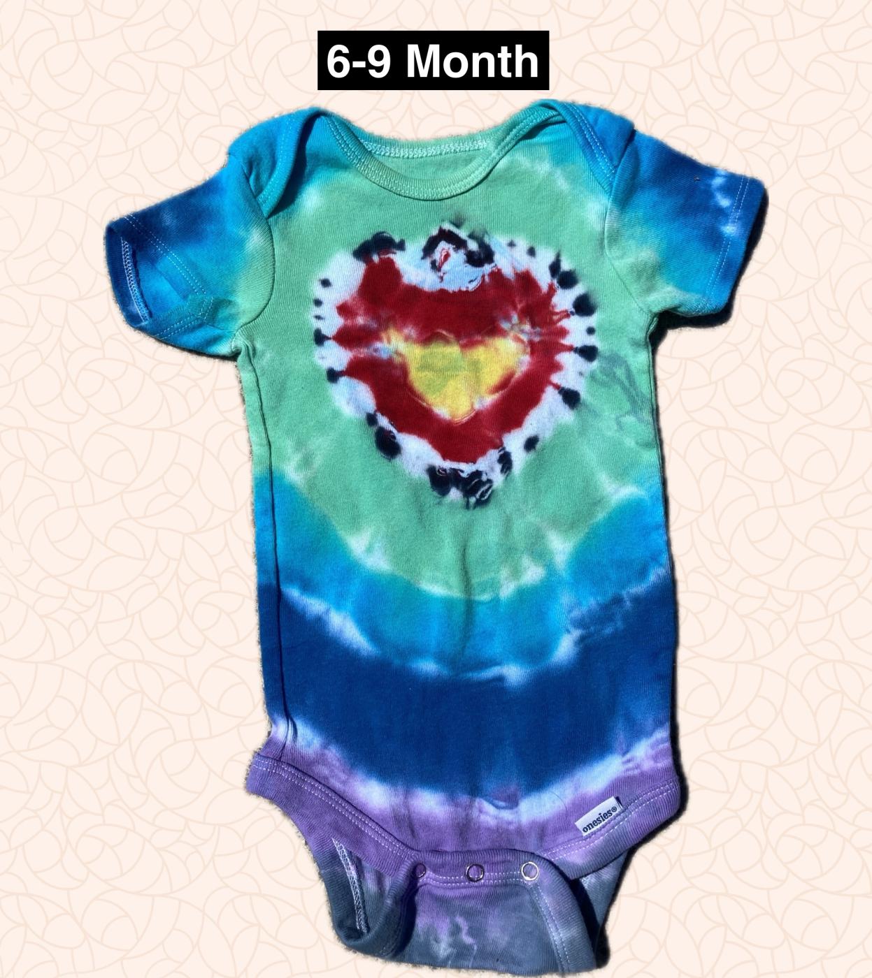 Red and Yellow Heart 6-9 Month Tie Dye Onesie
