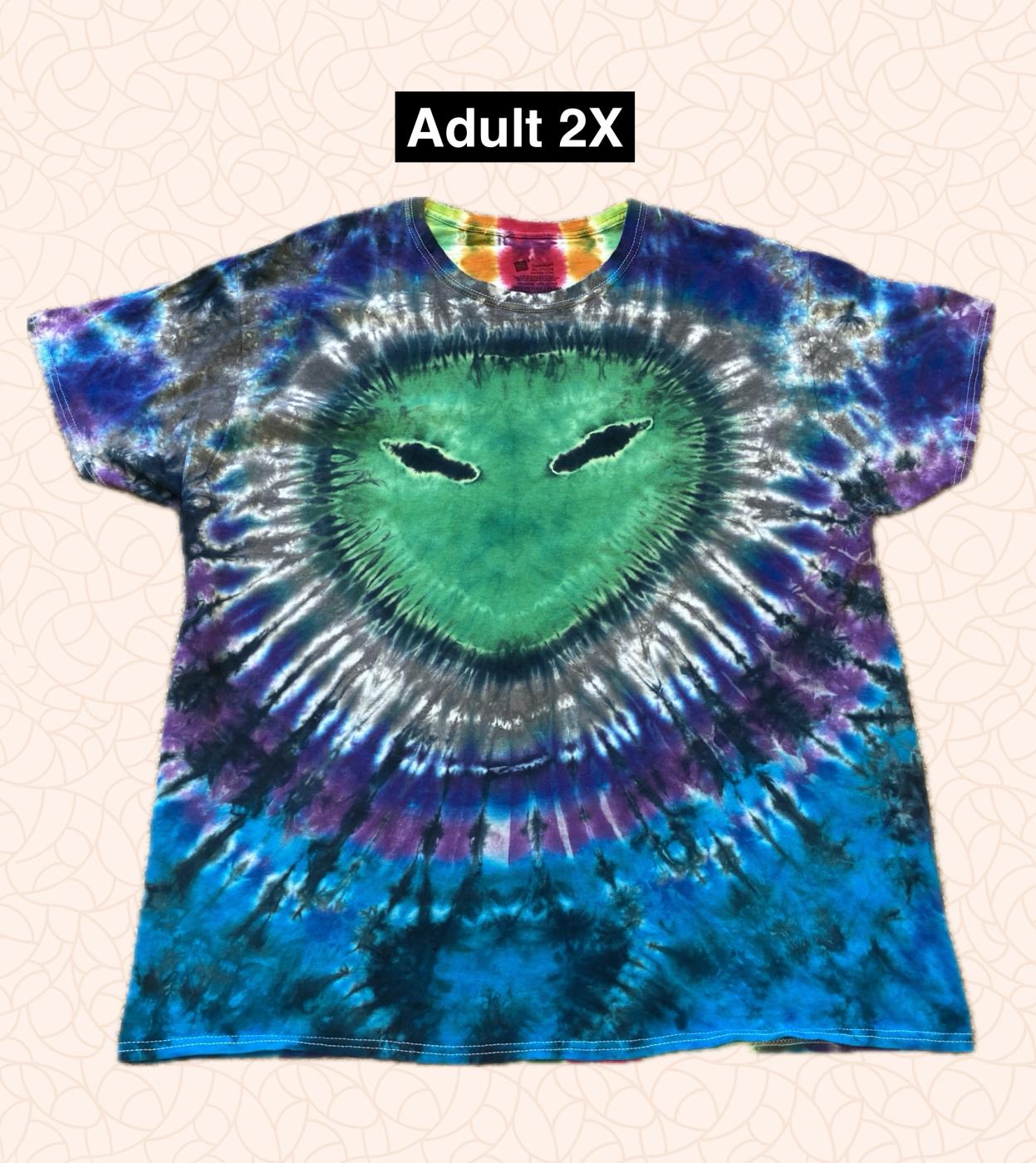 Alien on Grey, Blue, Purple, and Turquoise Tie Dyed T Shirt Adult 2X