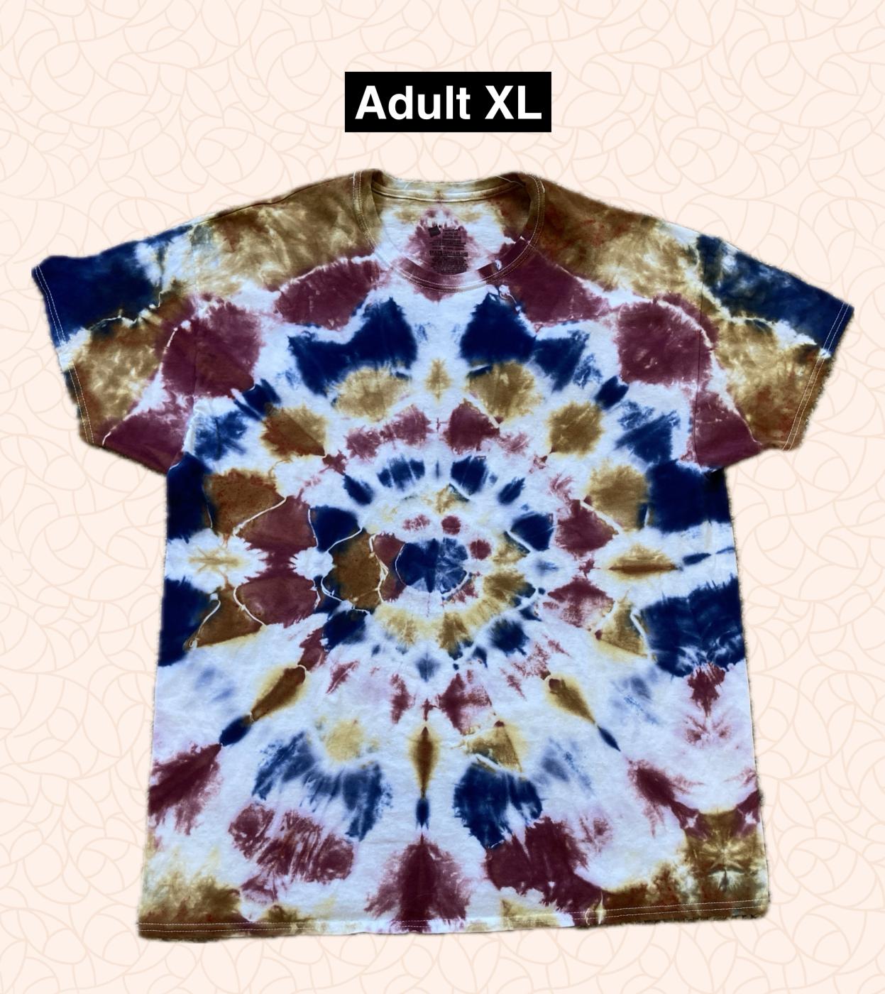 Brown, Navy, and Raisin Mandala Tie Dyed T Shirt Adult XL