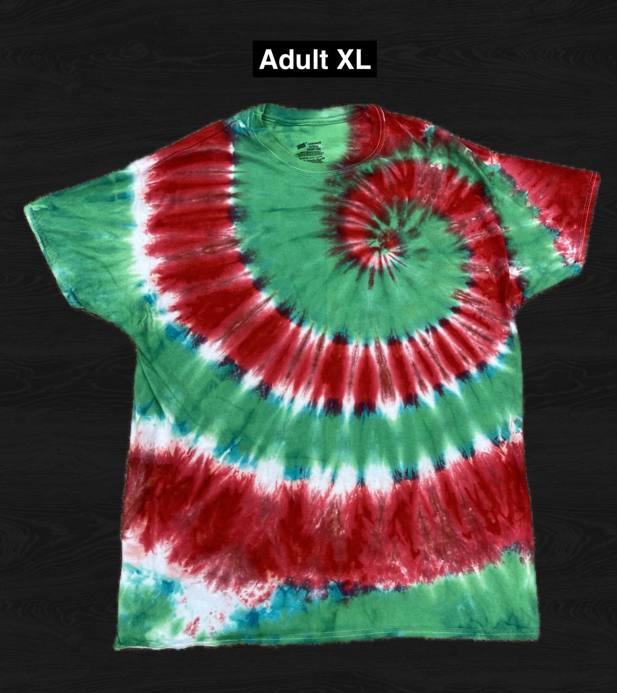 Green & Red Christmas Spirals Tie Dyed T Shirt Adult XL