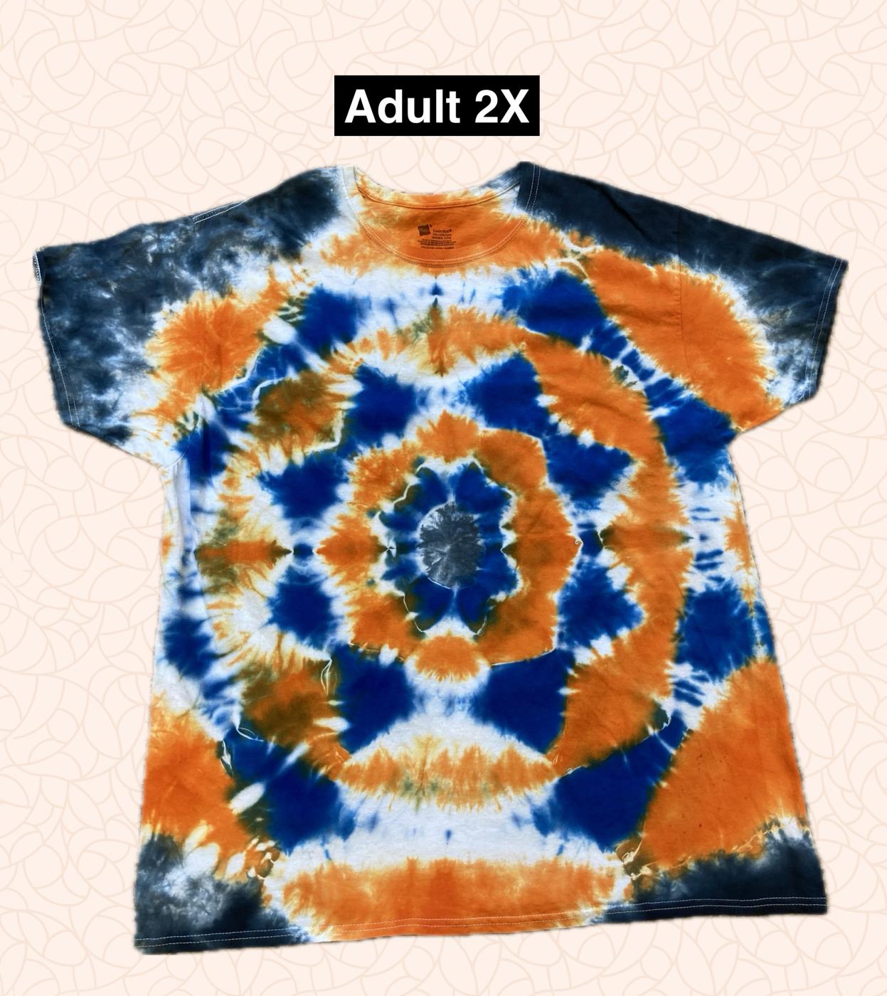 Blue and Orange Mandala Tie Dyed T Shirt Adult 2X