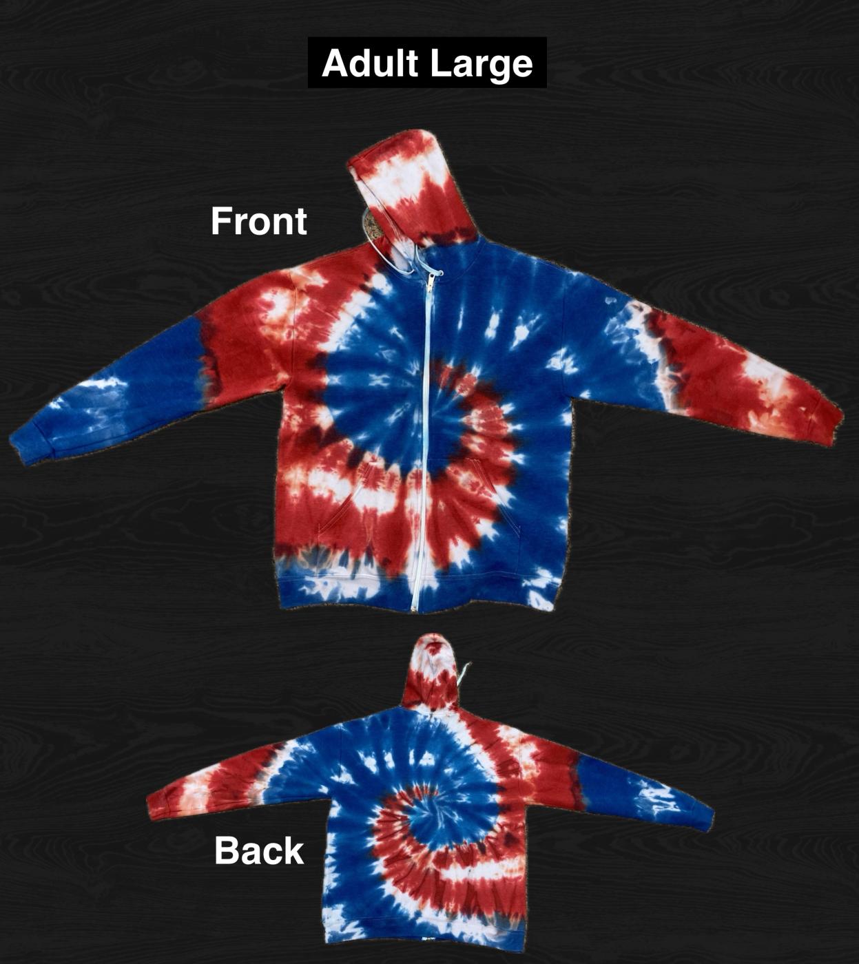 Red White and Blue Spiral Tie Dyed Hooded Sweatshirt Jacket Adult Large